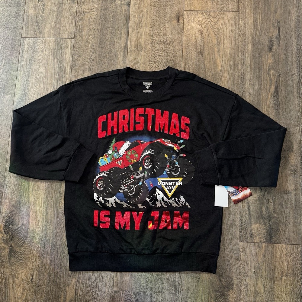 Boys Monster Jam Christmas Truck Holiday Graphic Warm Sweatshirt Sz 18 XXL New